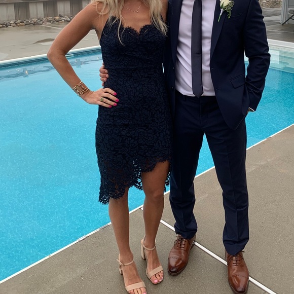 Flirting with Desire Lulus Navy Blue Lace Bodycon Dress - Picture 1 of 5